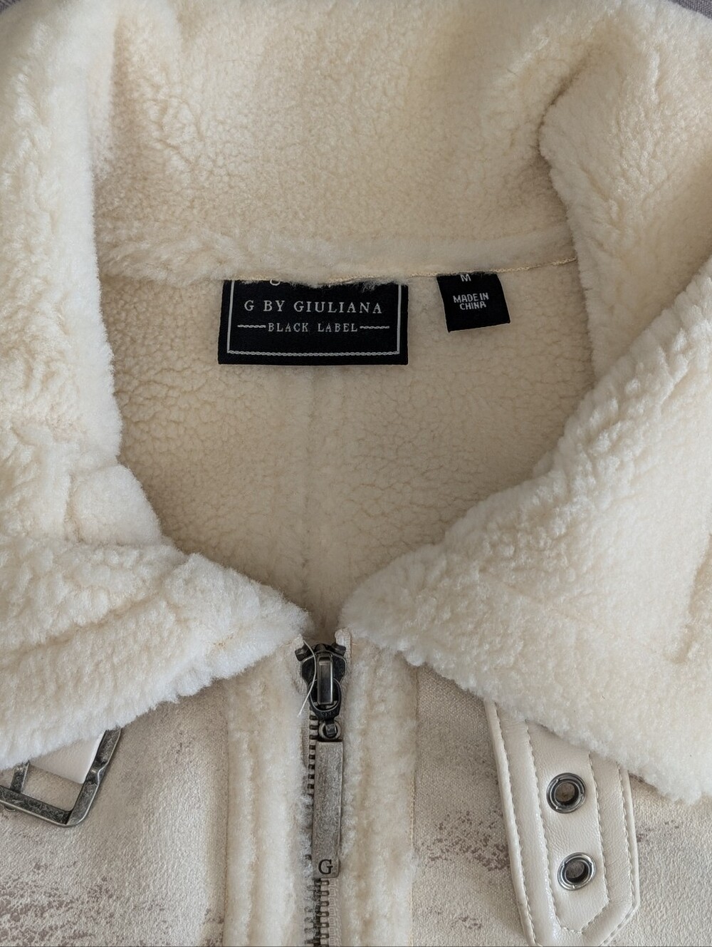 G by Giuliana Black Label Faux Suede and Shearling Zip Front Coat Size M Ivory - Picture 10 of 15